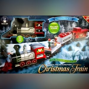 34pc North Pole Junction Christmas Train Set Light Sound 20ft Track Blue Hat Toy